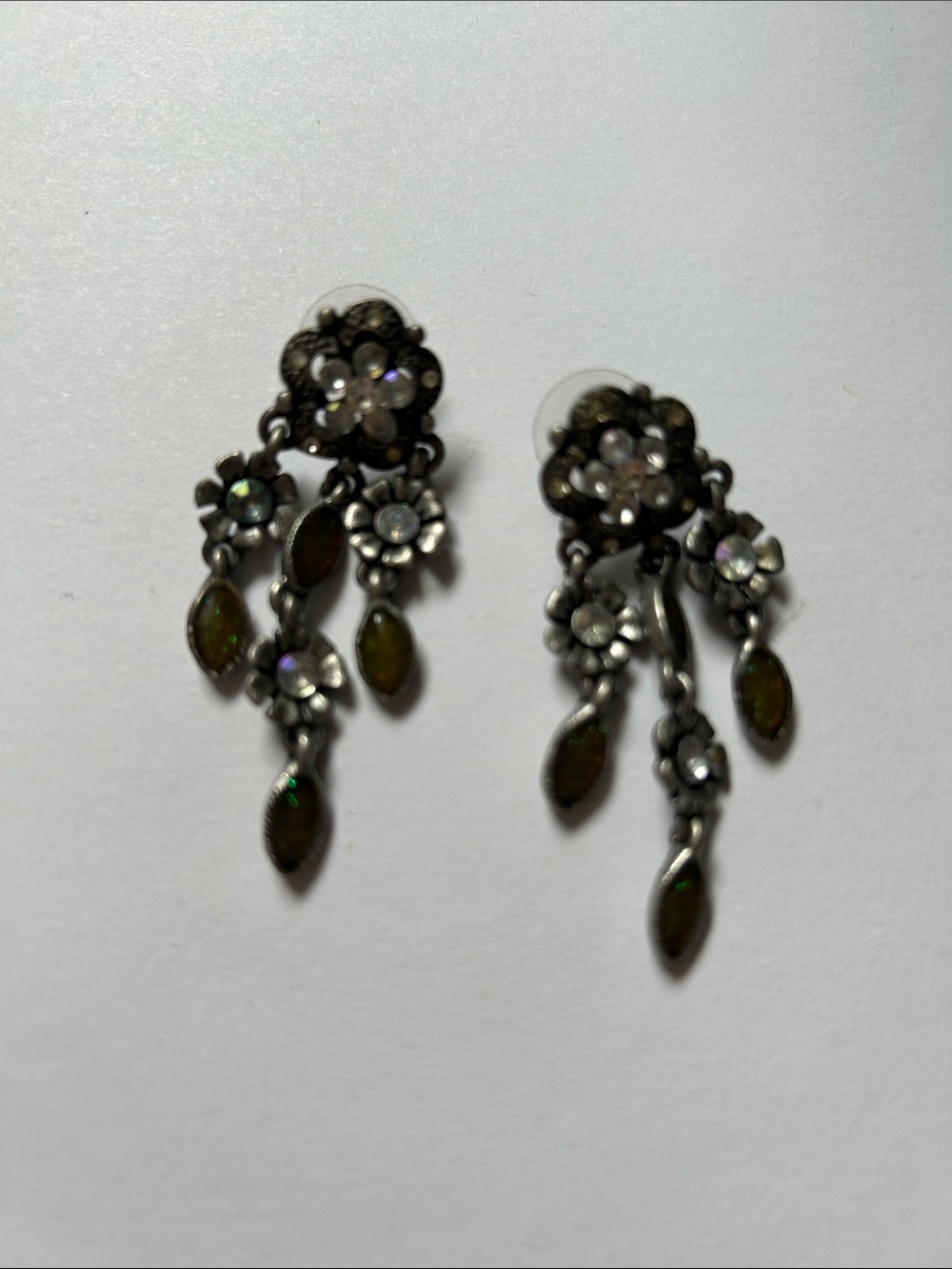 Silver Floral Dangle Earrings with Iridescent Accents j8